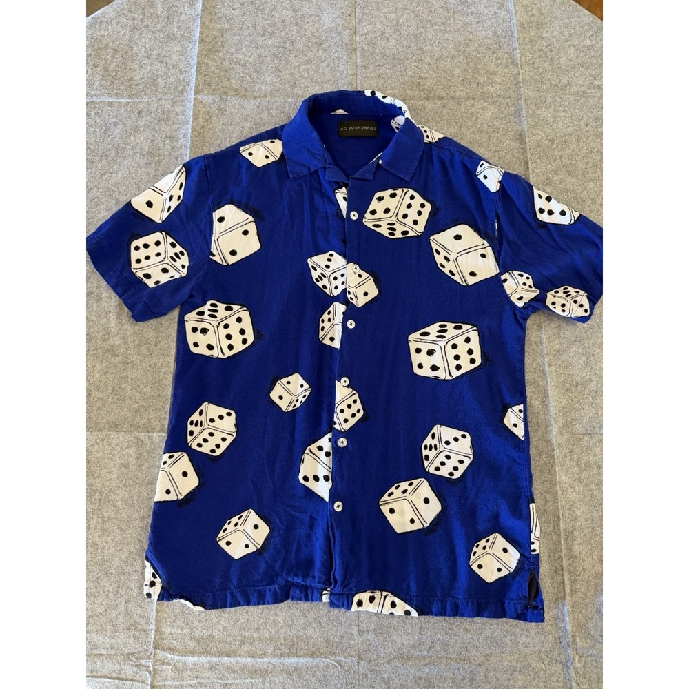 no boundaries blue ss‎ thin button up shirt, dice aop, men's small
